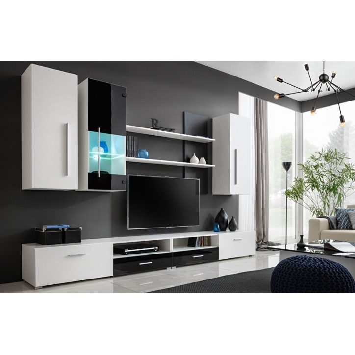 Ensemble meuble TV MALIA 290 cm blanc et noir brillant