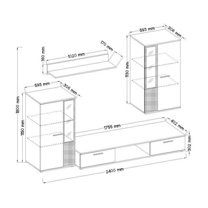 Ensemble meuble TV CALI 240 cm noir et blanc