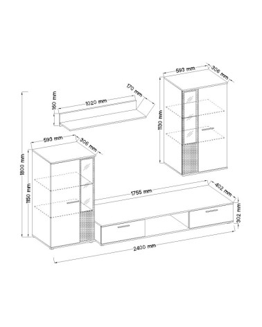 Ensemble meuble TV CALI 240 cm chêne et noir