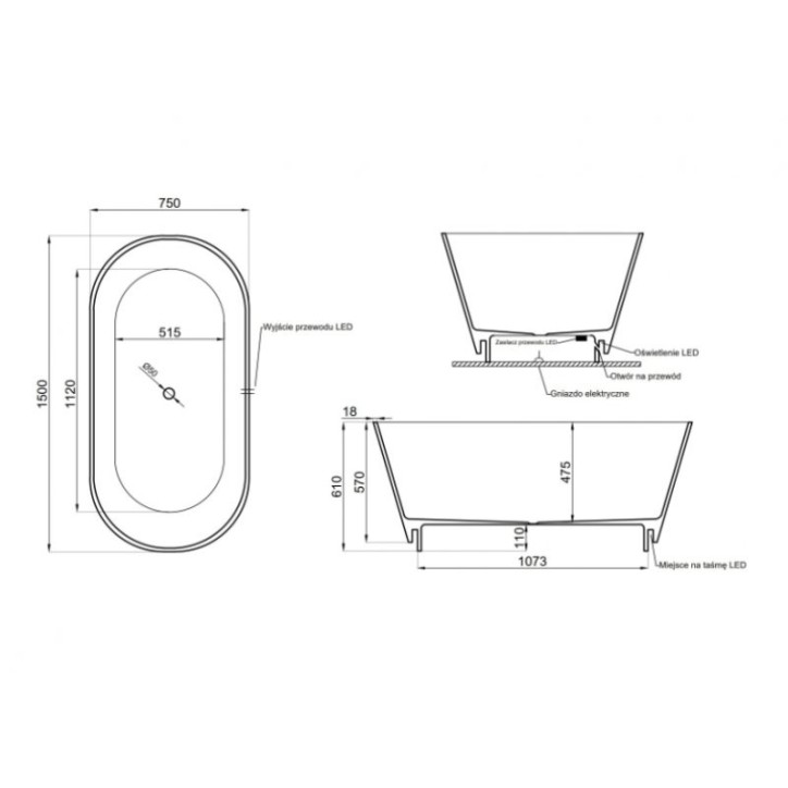 ALBAREA LED freistehende Badewanne 150 x 75 cm
