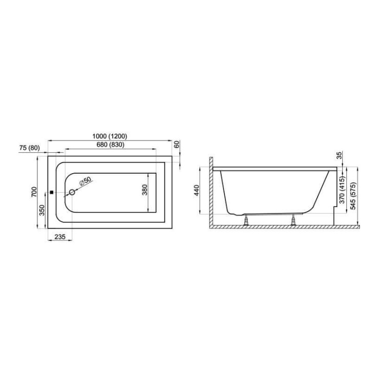 CAPRI BLACK MINI vasca da bagno rettangolare 100/120x70 cm, con grembiule