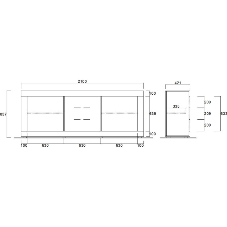 Buffet 2 portes 3 tiroirs BASIC finition blanc-chêne péro 210 cm