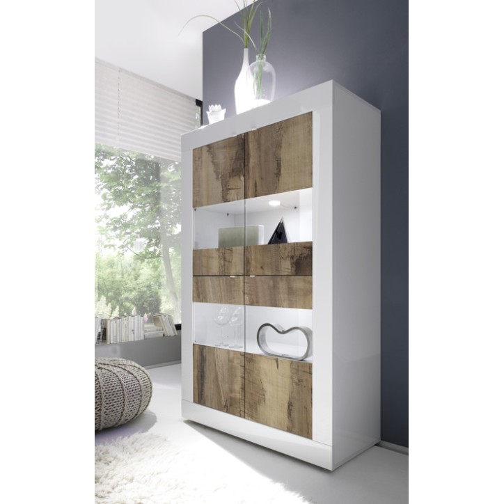 Vitrine 4 portes BASIC finition blanc-chêne péro 102/162/43 cm