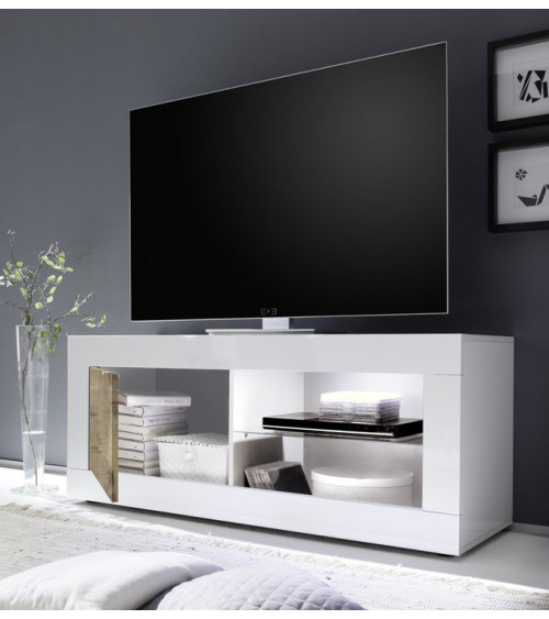 Mueble TV 1 puerta BASIC blanco y roble 140 cm