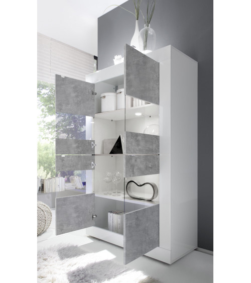 BASIC Vetrina a 4 ante, finitura bianco/cemento 102/162/43 cm