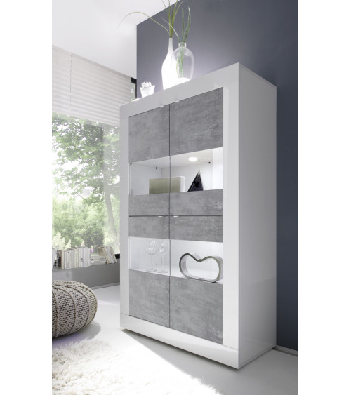 BASIC Vetrina a 4 ante, finitura bianco/cemento 102/162/43 cm