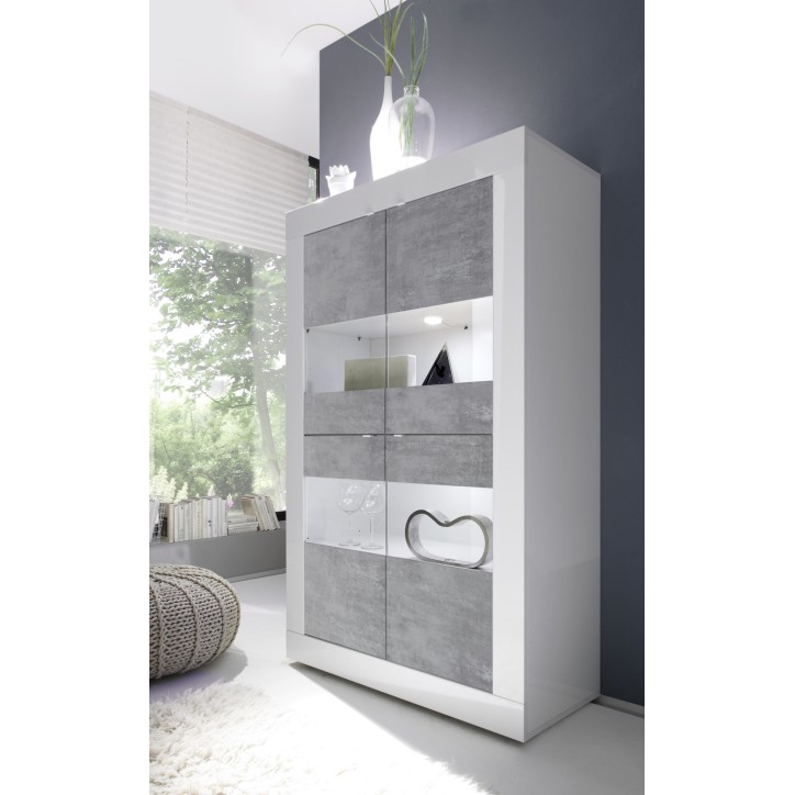 Vitrine 4 portes BASIC finition blanc-béton 102/162/43 cm