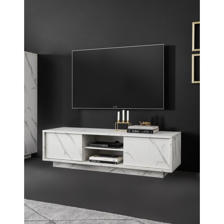 Meuble TV VISCONTI effet marbre blanc 138cm
