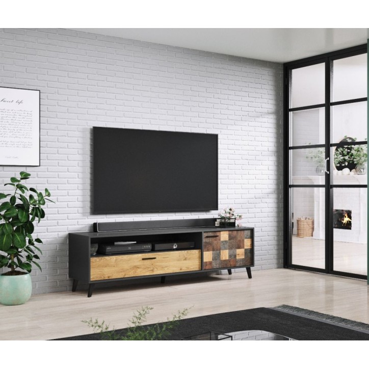 Meuble tv ALEKSANDER 177 x 52 x 45 cm noir et bois