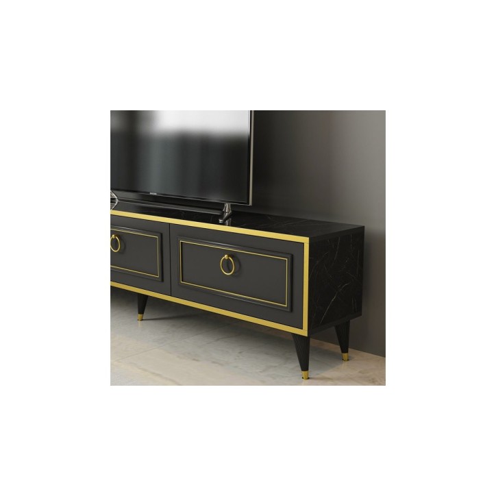 Conjunto mueble TV VALSE MARBRE negro y dorado 180 cm