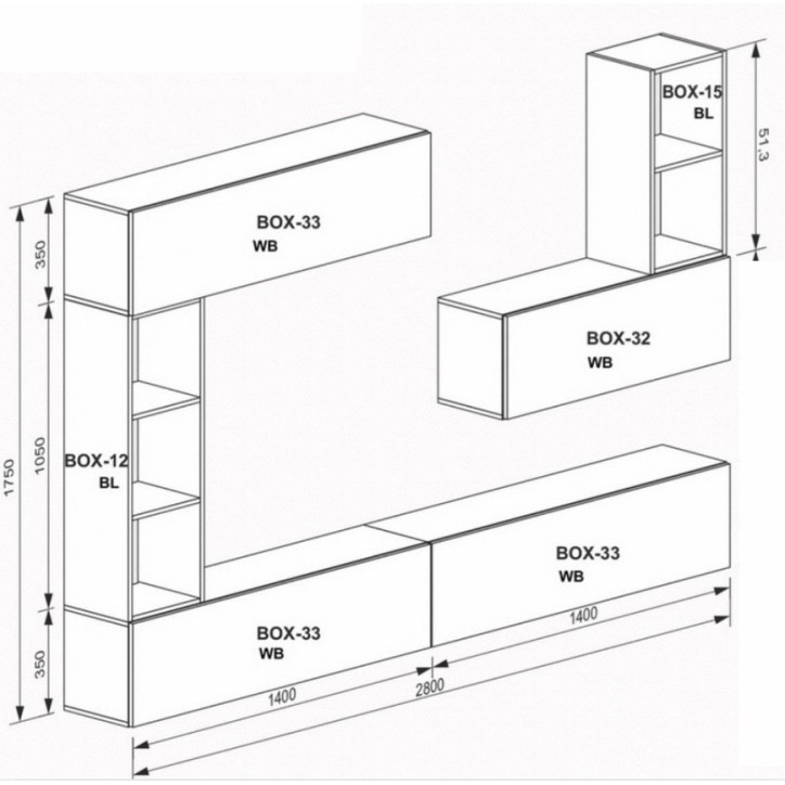 Ensemble meuble TV Box Sydney Blanc -  280cm