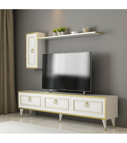 Ensemble meuble TV LORENZ 180 cm blanc et doré