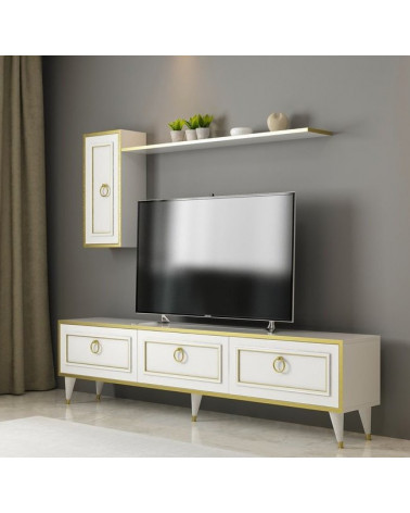 Ensemble meuble TV LORENZ 180 cm blanc et doré
