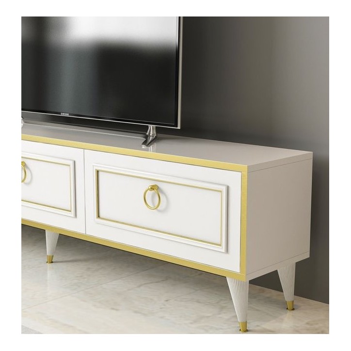 Conjunto mueble TV LORENZ 180 cm blanco y dorado