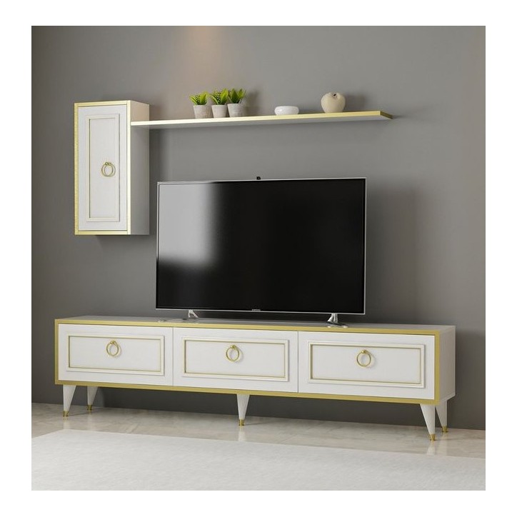 Conjunto mueble TV LORENZ 180 cm blanco y dorado