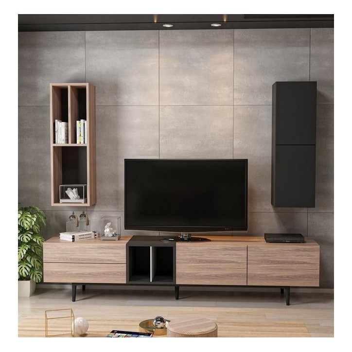 Conjunto mueble TV DIANY 195 cm madera y negro