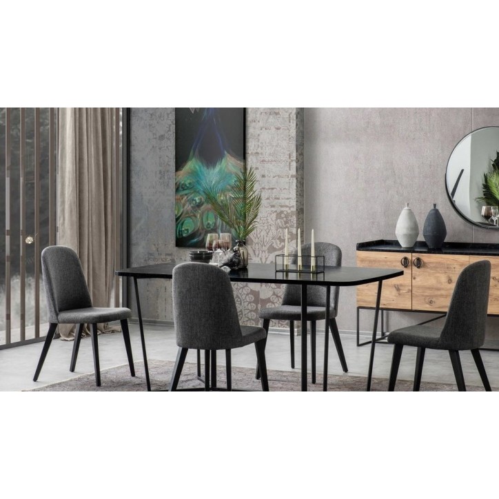 Comedor completo LOFT con 4 sillas madera, negro y efecto mármol
