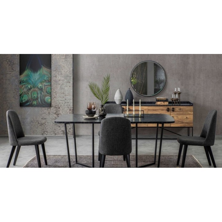 Comedor completo LOFT con 4 sillas madera, negro y efecto mármol
