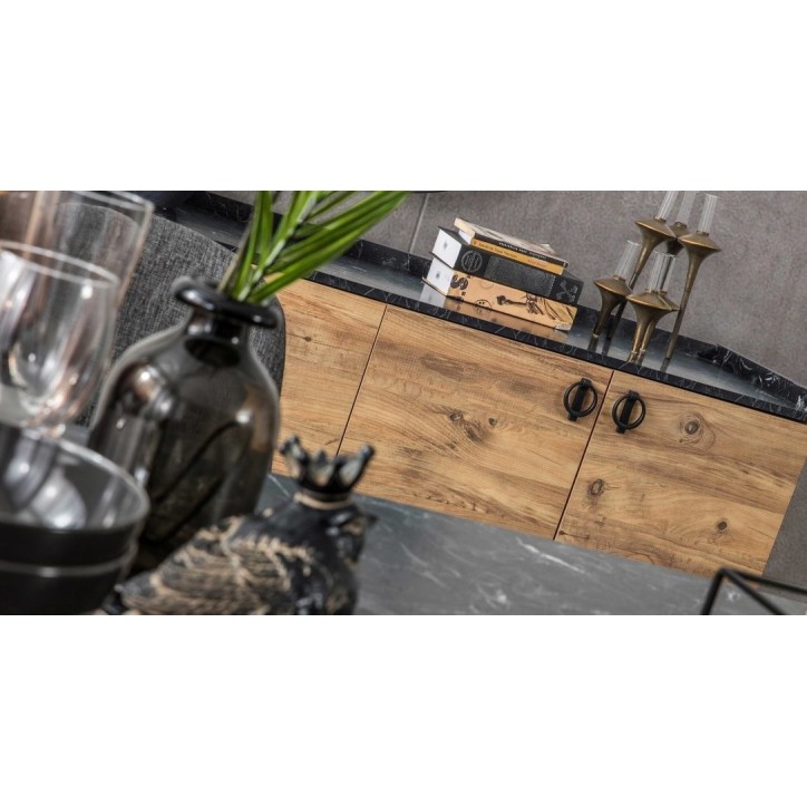 Comedor completo LOFT con 4 sillas madera, negro y efecto mármol