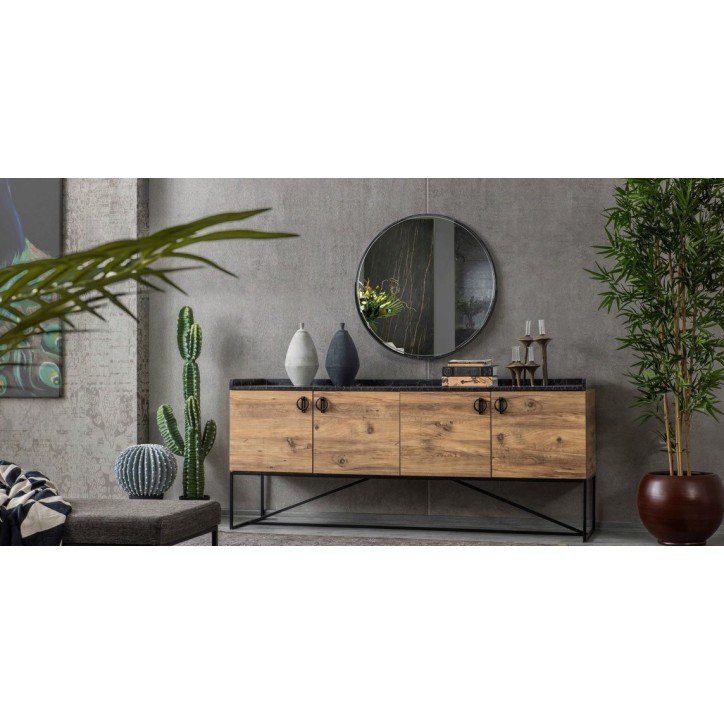 Comedor completo LOFT con 4 sillas madera, negro y efecto mármol