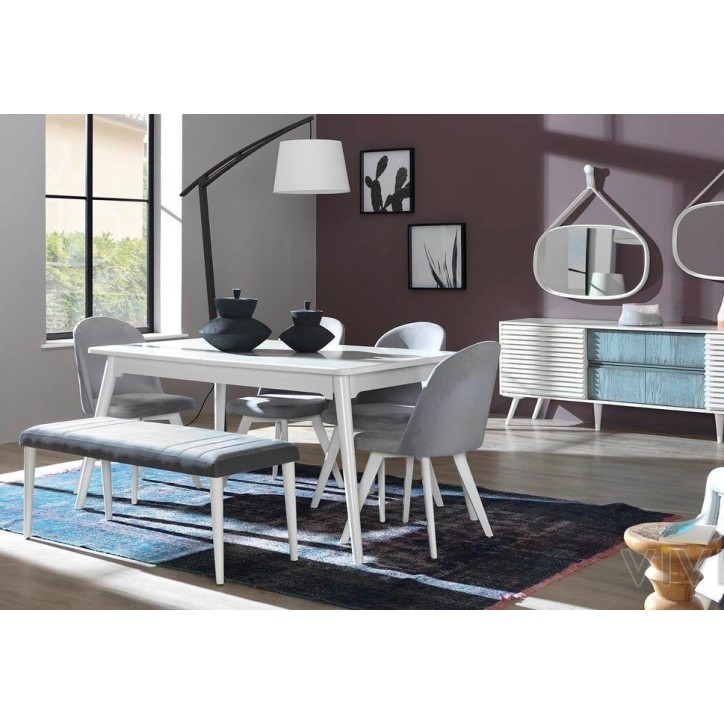 Comedor completo CUMBA 4 sillas, Moonstone blanca y azul-gris
