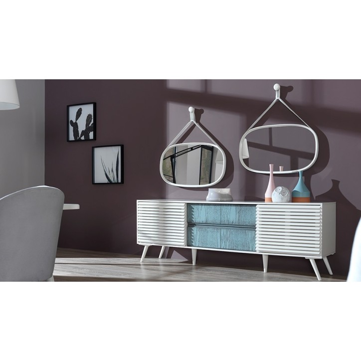 Comedor completo CUMBA 4 sillas, Moonstone blanca y azul-gris