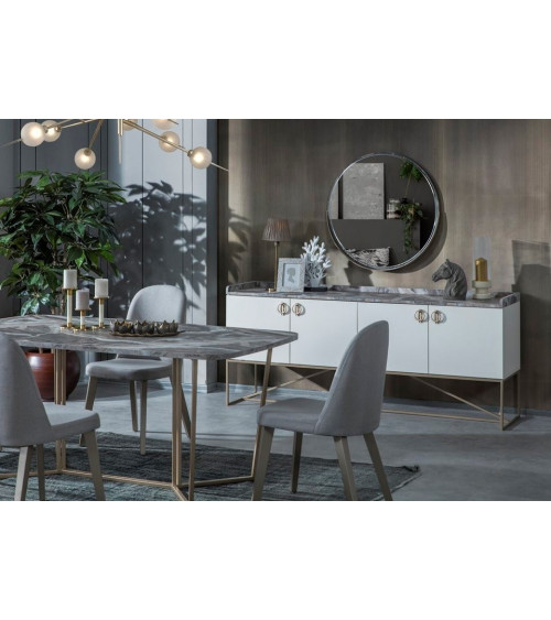 Comedor completo LOFT GOLD con 4 sillas blanco, dorado y efecto mármol