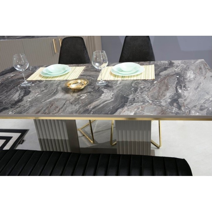 Comedor completo ALIZE con 2 sillas y 1 banco gris y dorado