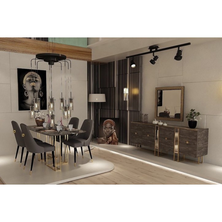 Comedor completo AYA con 4 sillas marrón, efecto mármol y dorado