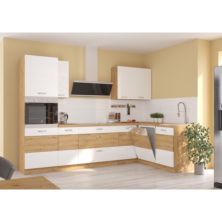 Ensemble cuisine en L-ARTISAN blanc brillant/chêne artisan 285x110 cm