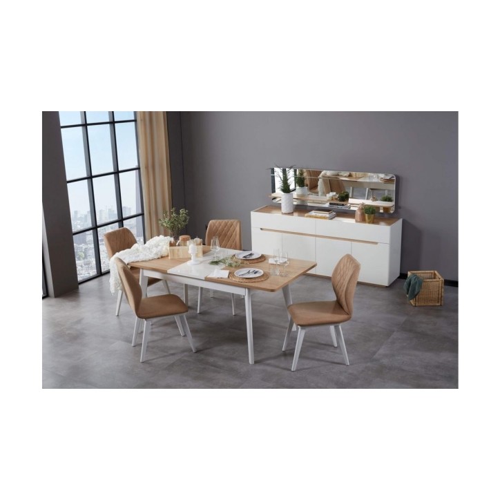 Comedor completo LYRE con 4 sillas madera y blanco