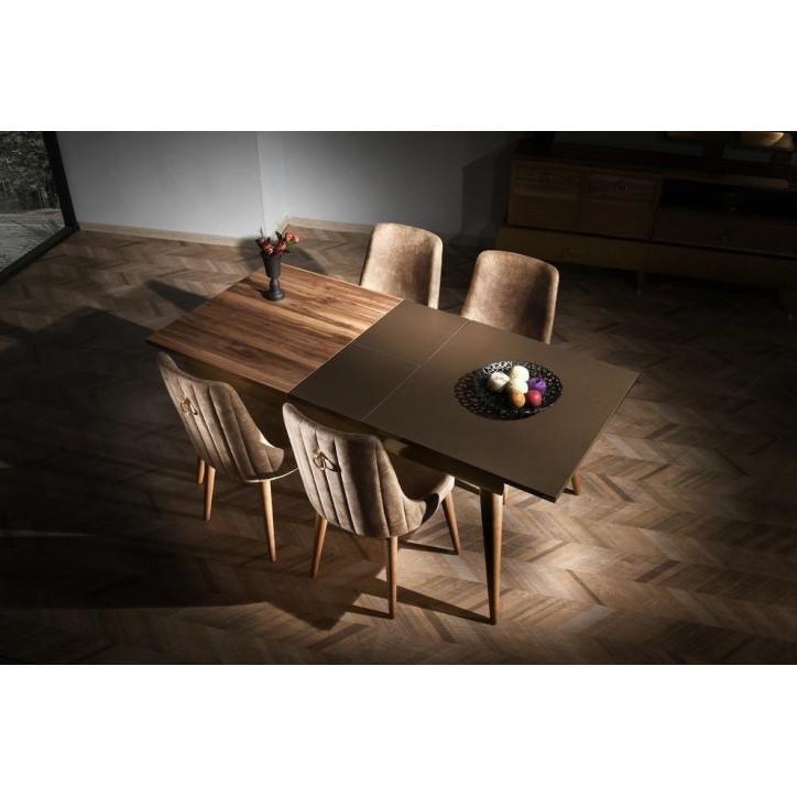 Comedor completo  SAFIR con 4 sillas nogal y cobre