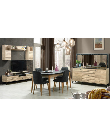 Comedor completo LIR con 4 sillas madera y efecto marmol negro