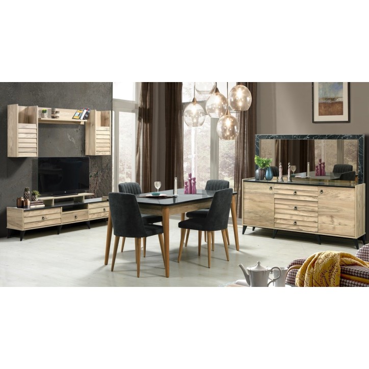Comedor completo LIR con 4 sillas madera y efecto marmol negro