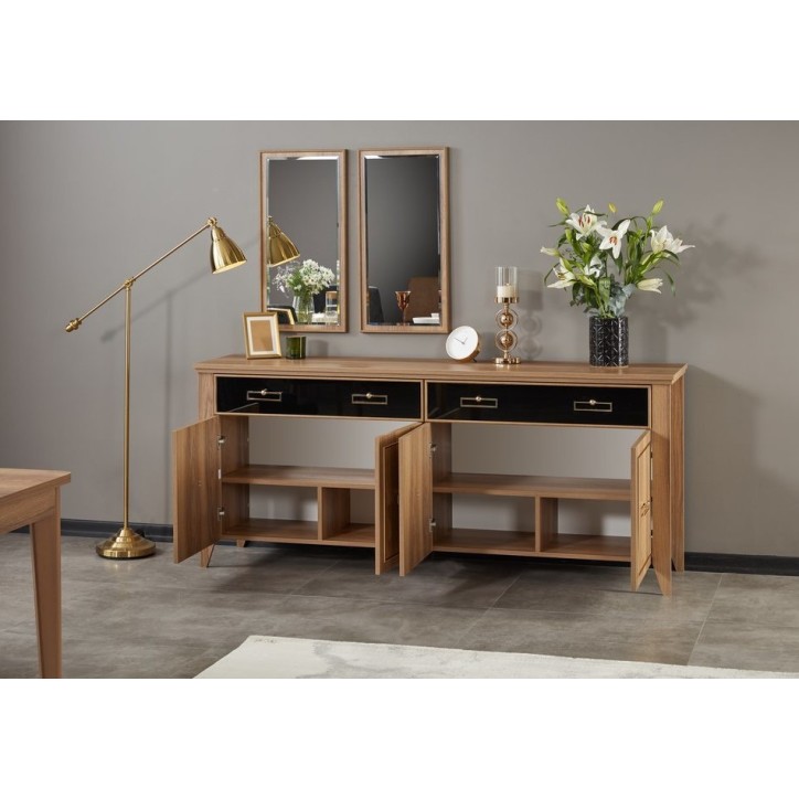 Comedor completo PERA con 4 sillas madera, negro y dorado