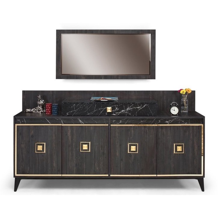Comedor completo NOIRE con 4 sillas nogal oscuro, efecto marmol y dorado