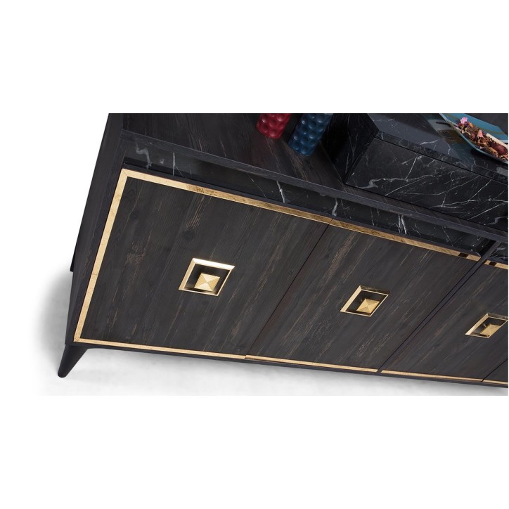 Comedor completo NOIRE con 4 sillas nogal oscuro, efecto marmol y dorado
