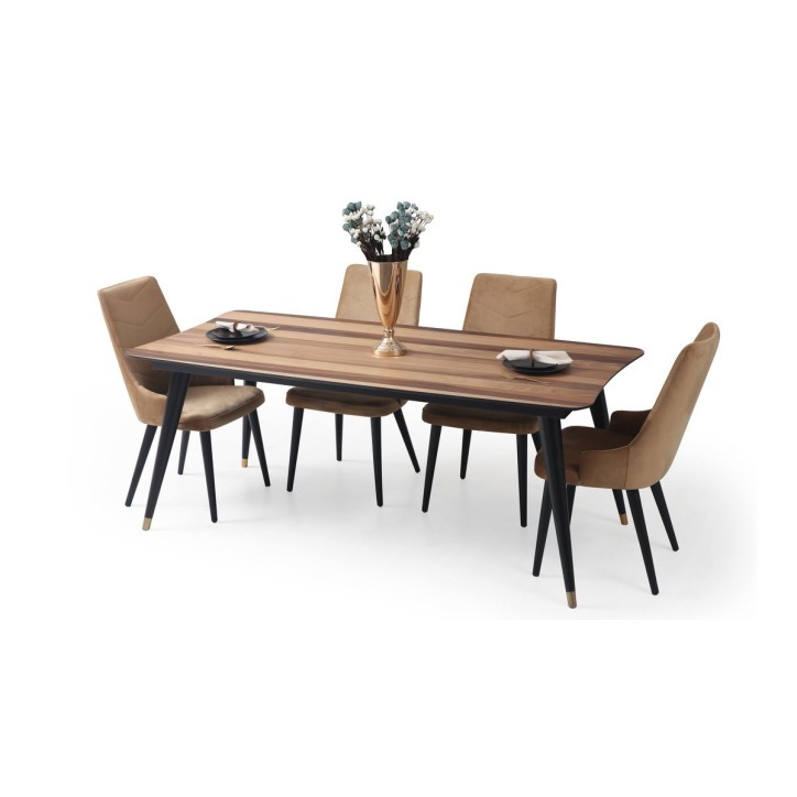 Comedor completo GOLD con 4 sillas nogal, negro y dorado