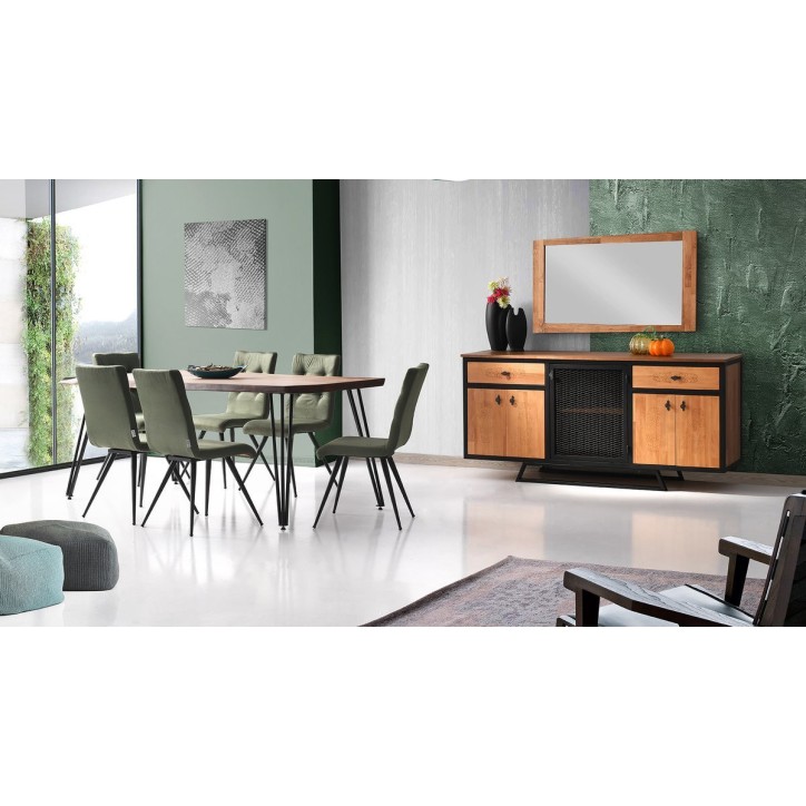 Comedor completo TIMBER con 4 sillas madera y metal negro