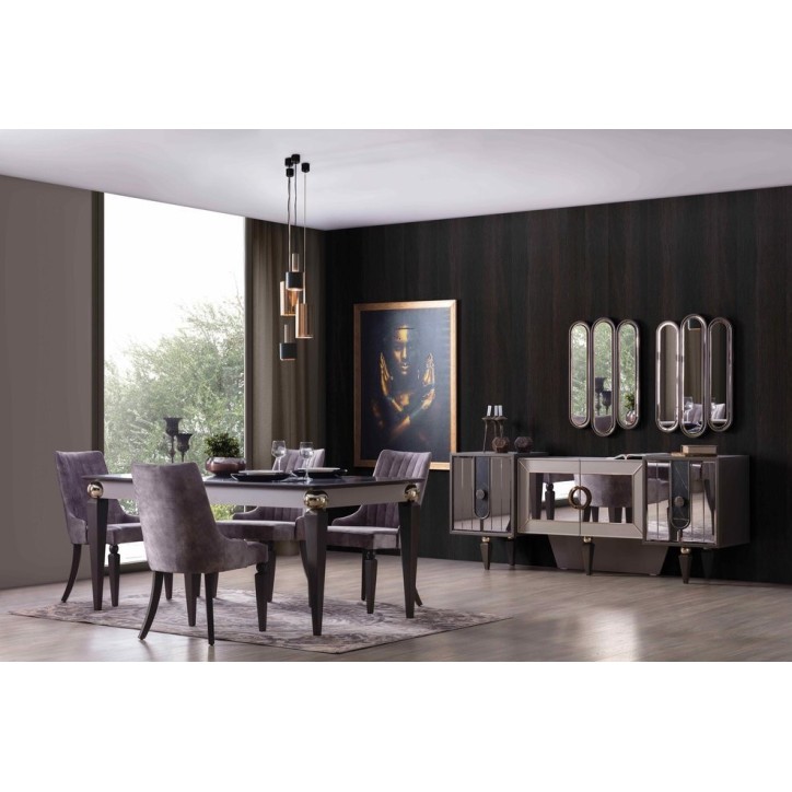Comedor completo LISBONNE con 4 sillas efecto mármol, espejo y dorado