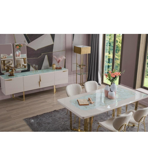 Comedor completo NETT con 4 sillas blanco, dorado y efecto marmol