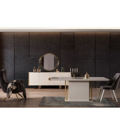 Comedor completo GOLDSTAR con 4 sillas blanco y metal dorado