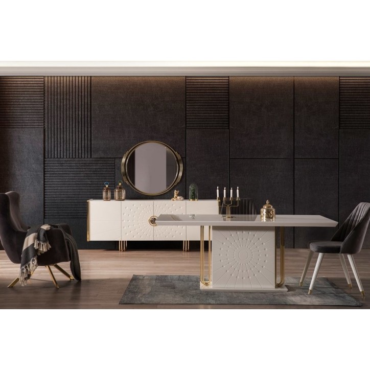 Comedor completo GOLDSTAR con 4 sillas blanco y metal dorado