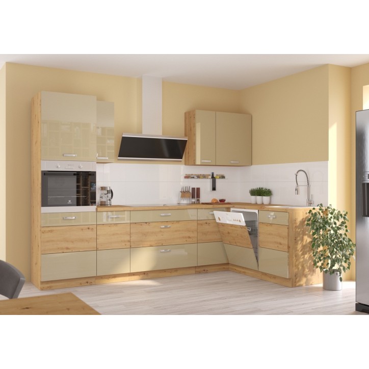 Ensemble cuisine en L ARTISAN cappuccino brillant/chêne artisan 285x110 cm