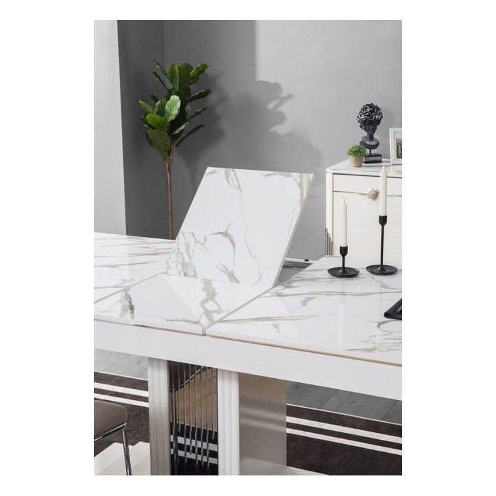 Comedor completo PARS con 4 sillas blanco y efecto marmol