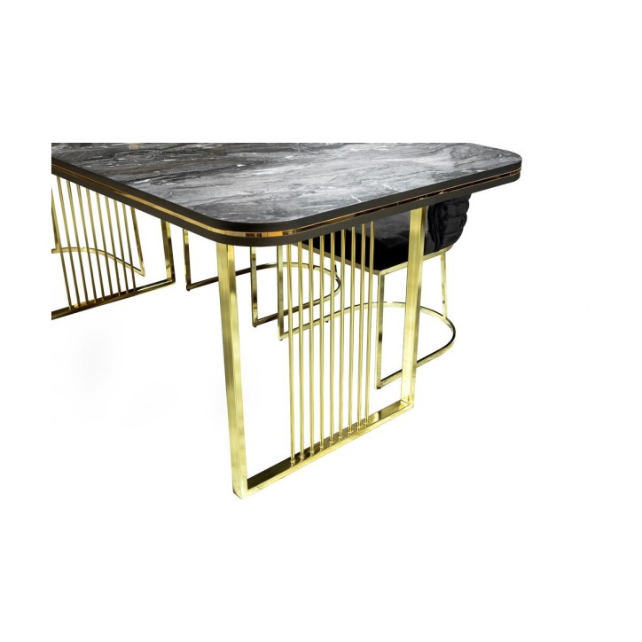Comedor completo FELIX con 4 sillas efceto marmol negro y dorado