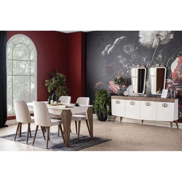 Comedor completo GALATA con 4 sillas blanco y madera