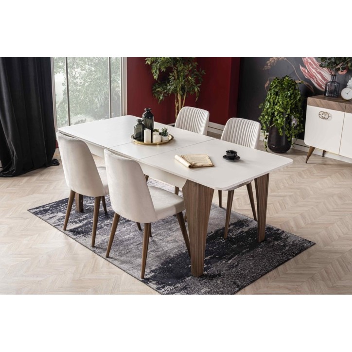 Comedor completo GALATA con 4 sillas blanco y madera