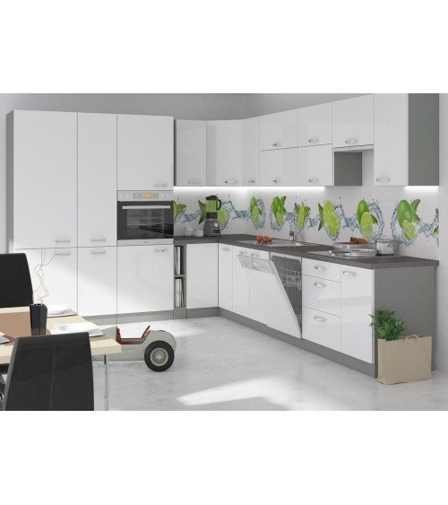 Ensemble cuisine en L BIANCA blanc brillant/gris platine