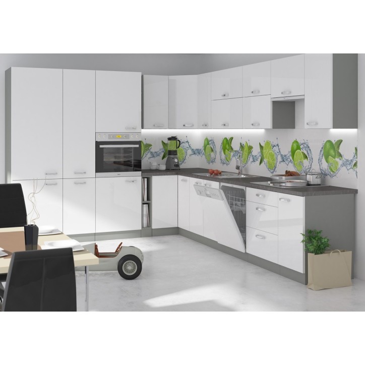 Ensemble cuisine en L BIANCA blanc brillant/gris platine